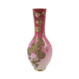 Victorian Peachblow Glass Vase: Pink Enameled 10.5" Gold Gilt by Thomas Webb